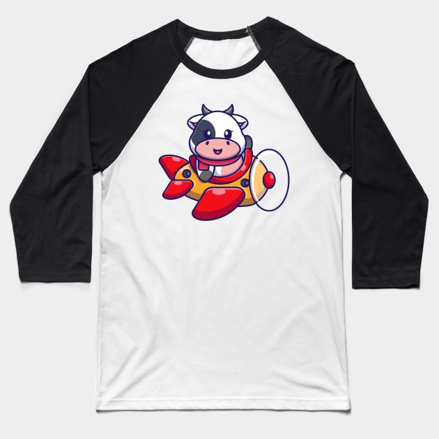 Cute baby cow driving plane cartoon Baseball T-Shirt by Wawadzgnstuff